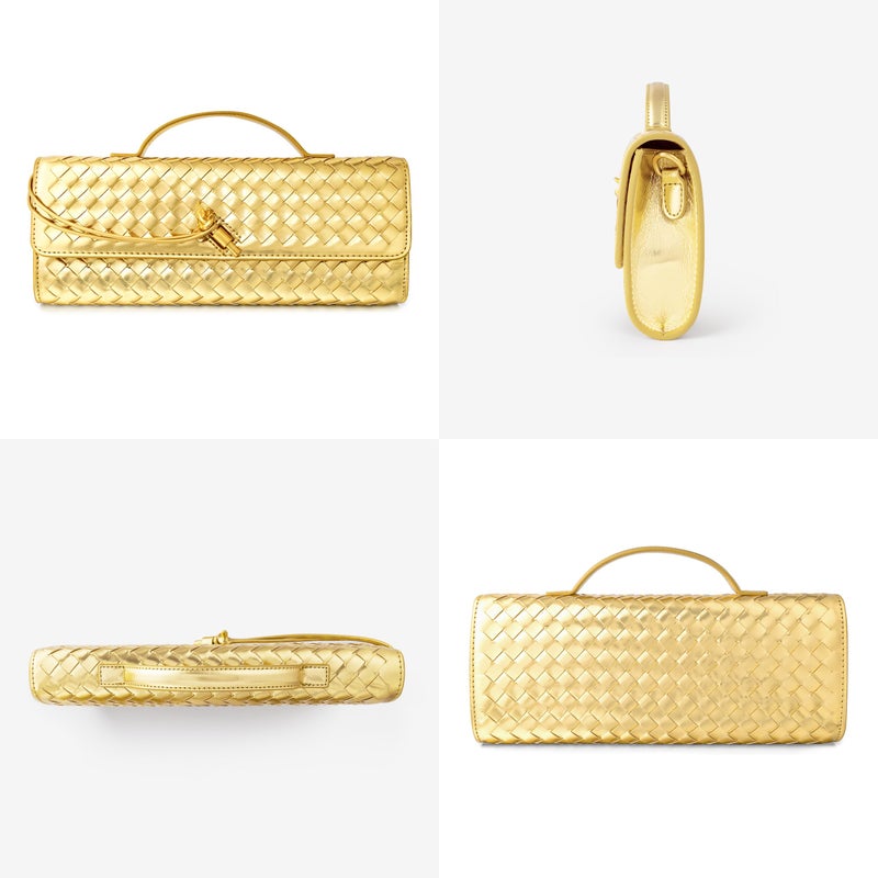 Joryin Woven Purse for Women Evening Clutch Woven Leather Handbags Crossbody Bag Purse Formal Evening Bag, Golden - Image 3