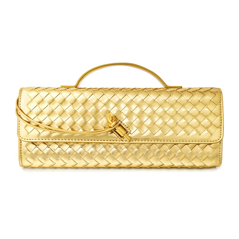Joryin Woven Purse for Women Evening Clutch Woven Leather Handbags Crossbody Bag Purse Formal Evening Bag, Golden - Image 1