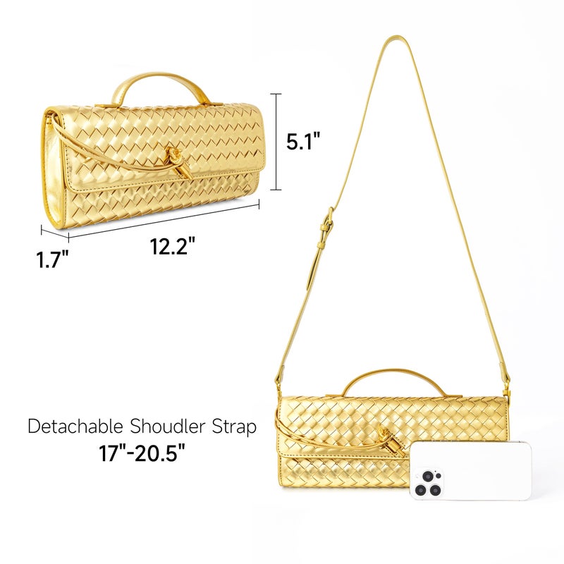 Joryin Woven Purse for Women Evening Clutch Woven Leather Handbags Crossbody Bag Purse Formal Evening Bag, Golden - Image 4