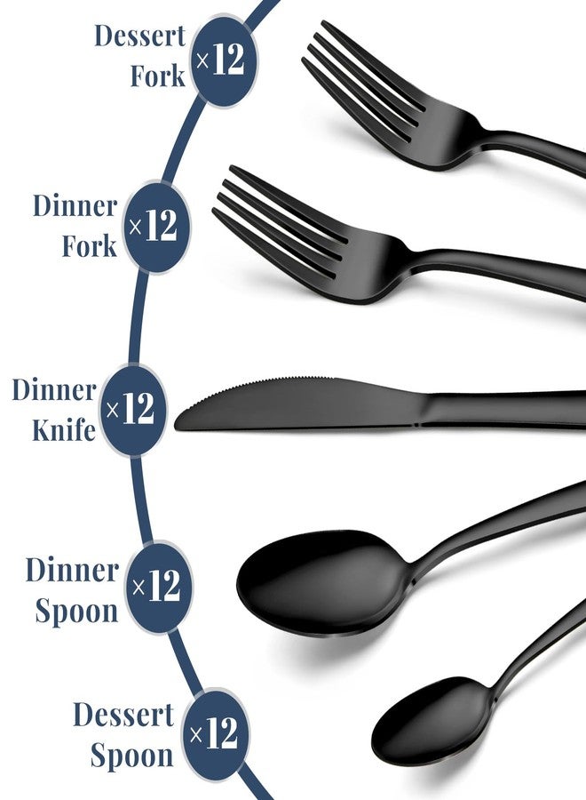 hunnycook طقم أدوات مائدة أسود من هاني كوك - طقم أدوات مائدة من الفولاذ المقاوم للصدأ مكون من 60 قطعة، لـ 12 شخصًا، يتضمن شوكًا وملاعق وسكاكين، أطقم أدوات للمطبخ المنزلي والمطعم، آمن للاستخدام في غسالة الأطباق - Image 3