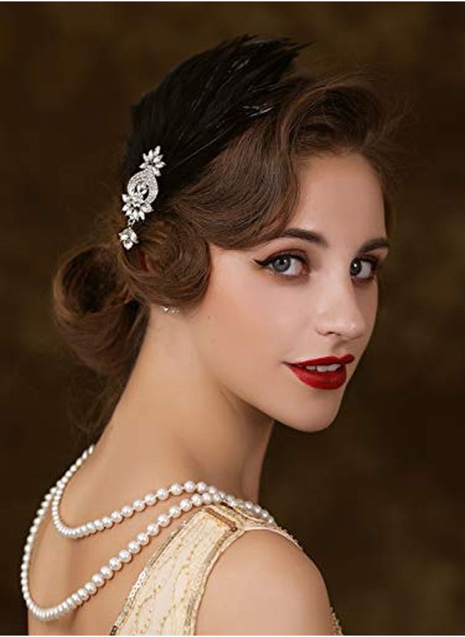 SWEETV 1920S Feather Headpiece Flapper Headband, Roaring 20S Hair Accessories Great Gatsby Hair Clip Black  - Image 3