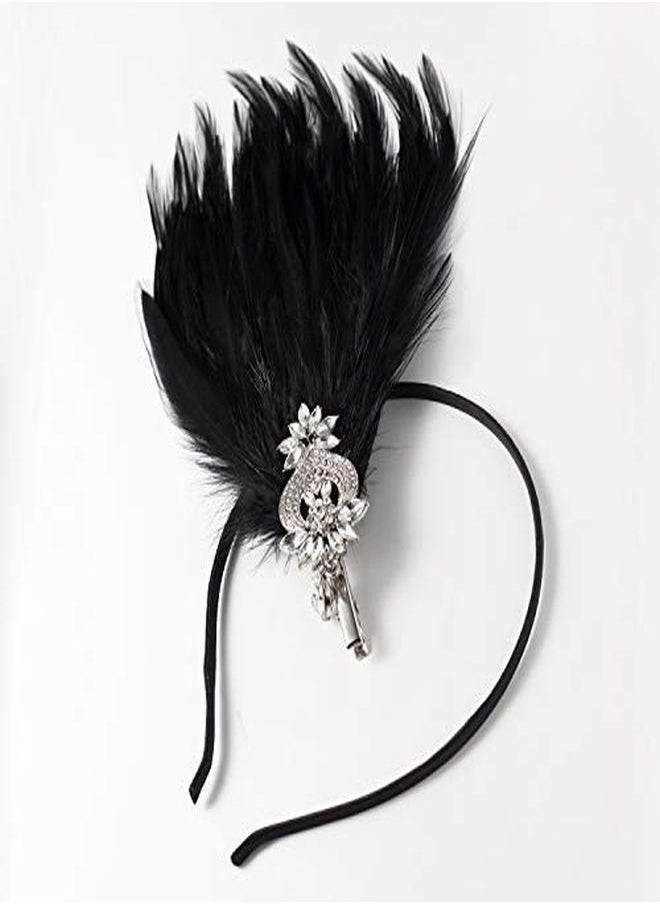 SWEETV 1920S Feather Headpiece Flapper Headband, Roaring 20S Hair Accessories Great Gatsby Hair Clip Black  - Image 2