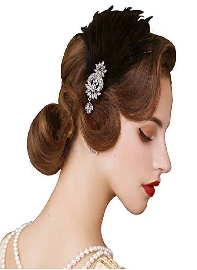 SWEETV 1920S Feather Headpiece Flapper Headband, Roaring 20S Hair Accessories Great Gatsby Hair Clip Black  - Image 1