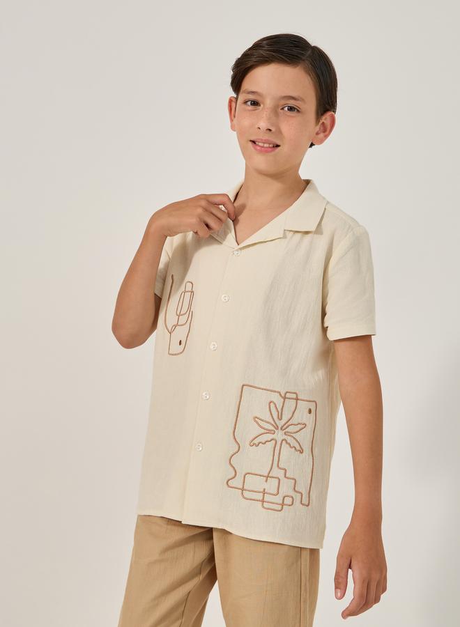 Styli Embroidered Detail Cotton Short Sleeve Shirt  - Image 1