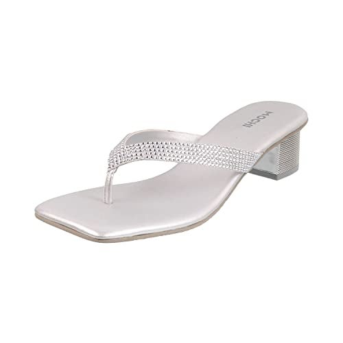 Mochi Women's Silver Faux Leather Square Toe Block Heel Thong Fashion Sandals UK/8 EU/41 (35-4990) - Image 1