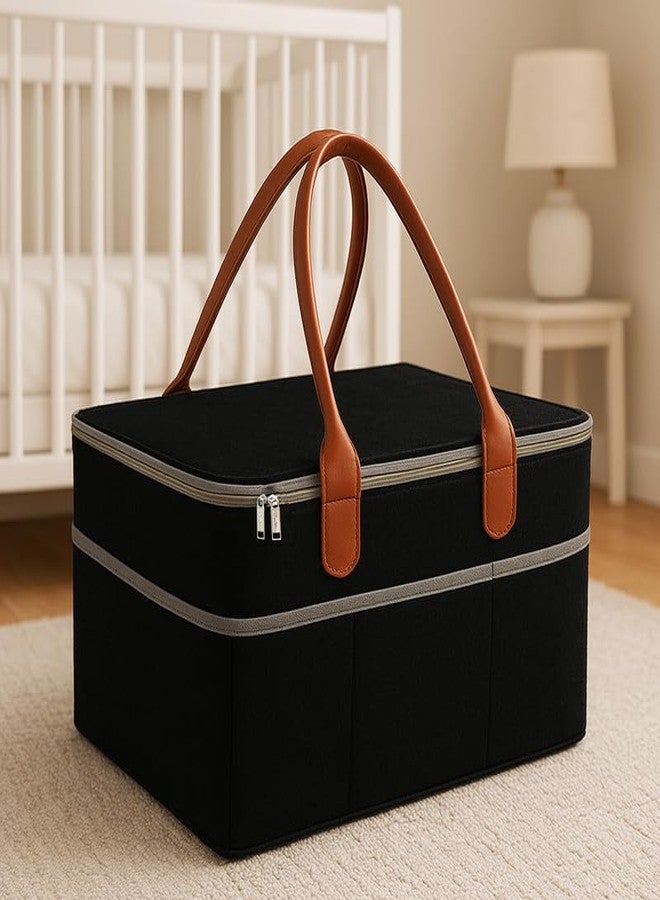 MetDeals Non Woven Felt Baby Diaper Caddy Bag with Zip Cover & Leather Handle with Removable Divider | Baby Essentials Organizer for Diapers,Wipes,Toy,Clothes(Black - 15X10X8 Inch)