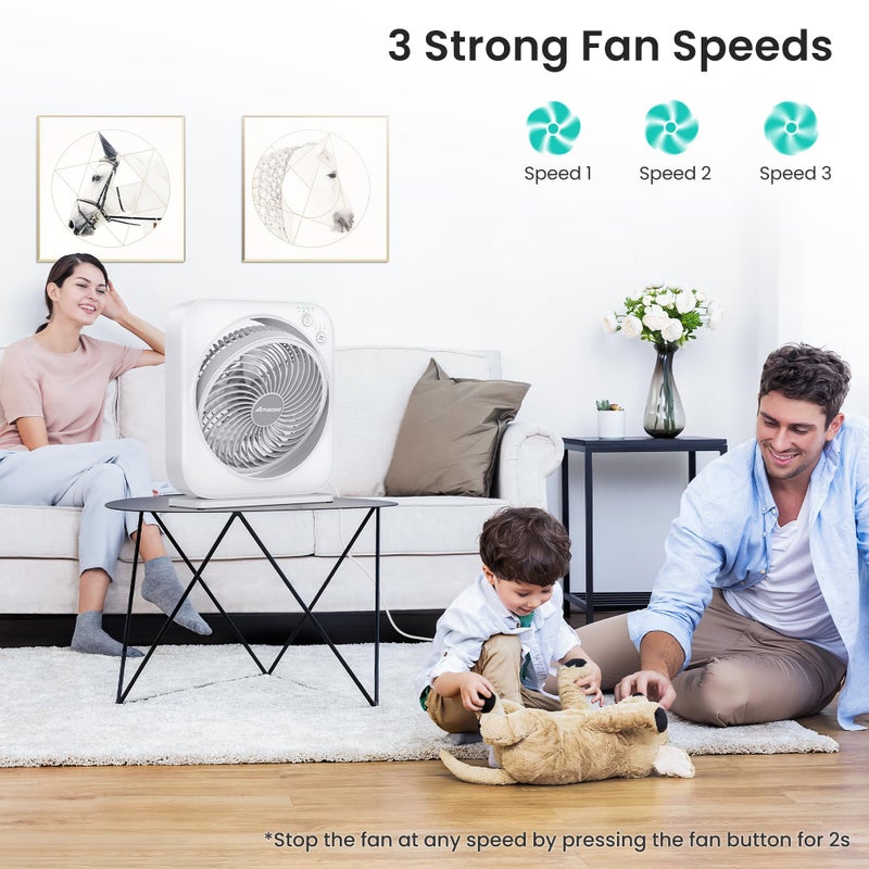 AMACOOL Table Fan, 12 inch Box Fan with 3 Speeds & 8HRS Timer, 270Â° Pivoting Quiet Air Circulator, Desktop Fan for Bedroom Bathroom Kitchen Office, AC Adapter Included, Co-Branded with Cmyfato-White - Image 2