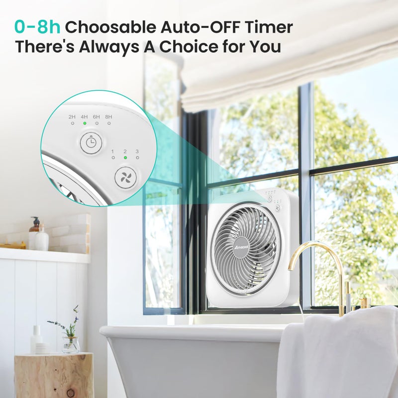 AMACOOL Table Fan, 12 inch Box Fan with 3 Speeds & 8HRS Timer, 270Â° Pivoting Quiet Air Circulator, Desktop Fan for Bedroom Bathroom Kitchen Office, AC Adapter Included, Co-Branded with Cmyfato-White - Image 4
