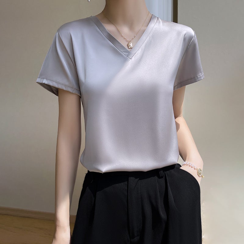 Acetic Acid Short-sleeved T-shirt Women's Summer New Style Top All-match High-grade Satin Crewneck V-neck - Image 5