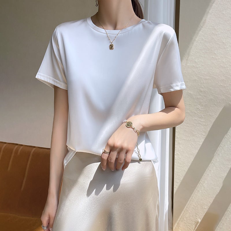 Acetic Acid Short-sleeved T-shirt Women's Summer New Style Top All-match High-grade Satin Crewneck V-neck - Image 1