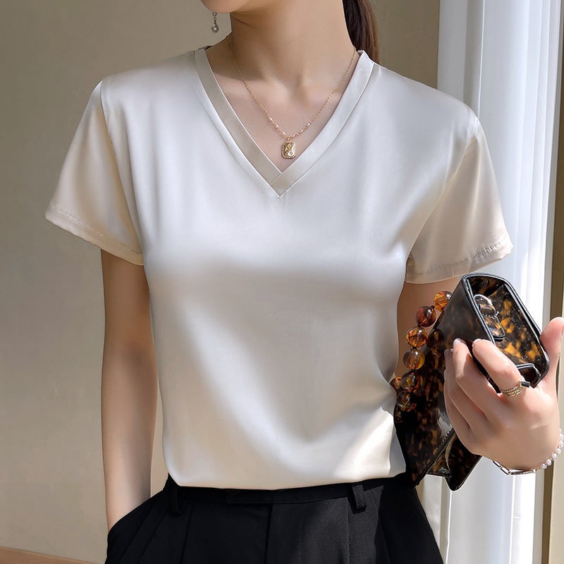 Acetic Acid Short-sleeved T-shirt Women's Summer New Style Top All-match High-grade Satin Crewneck V-neck - Image 3