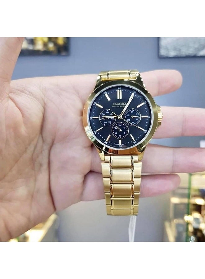 Casio MTP-V300G-1AUDF Men’s Analog Gold-Tone Stainless Steel Watch – Black Dial, Multi-Function Subdials, Water Resistant - Image 2