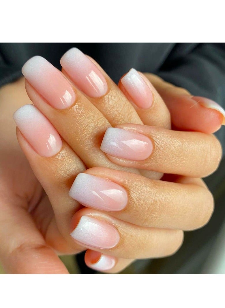 أظافر الضغط على 24 قطعة ، أظافر مزيفة لامعة ذات لون وردي باهت على شكل ombre ، أظافر أكريليك مزيفة متوسطة مع طقم الغراء