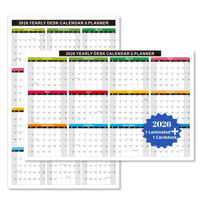 YvnShine 2026 Wall Desk Calendar 11x17 Inch, Reversible 2-Sided Horizontal or Vertical, 12 Month with Generous Block Space & Holidays Marked for Office, Home, School - 2 Pack (1 Laminated & 1 Cardstock) - Image 1