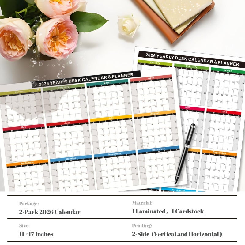 YvnShine 2026 Wall Desk Calendar 11x17 Inch, Reversible 2-Sided Horizontal or Vertical, 12 Month with Generous Block Space & Holidays Marked for Office, Home, School - 2 Pack (1 Laminated & 1 Cardstock) - Image 2