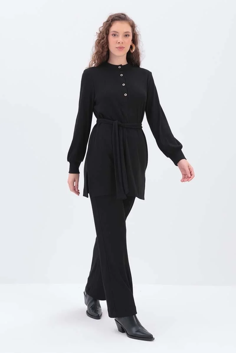Allday Black Half Placket Belted Trouser Suit