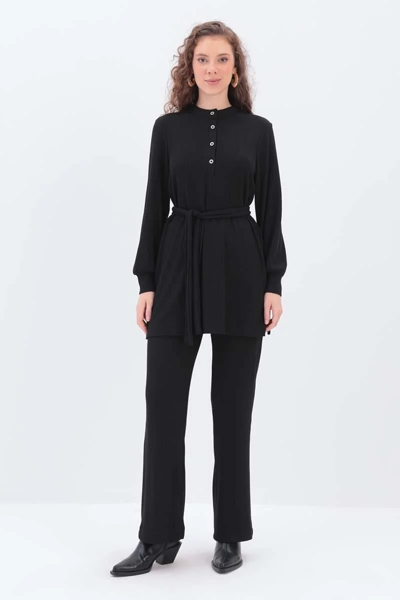 Allday Black Half Placket Belted Trouser Suit