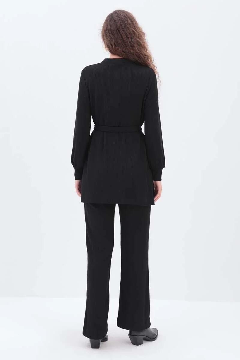 Allday Black Half Placket Belted Trouser Suit
