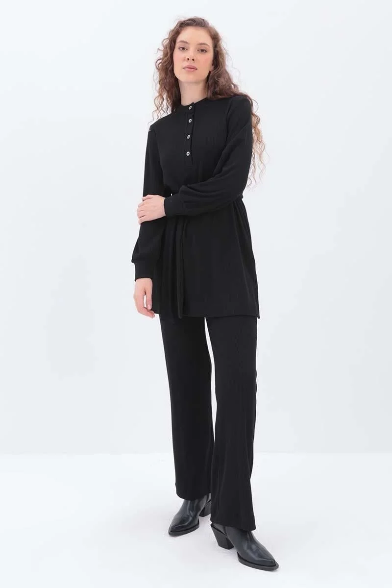 Allday Black Half Placket Belted Trouser Suit