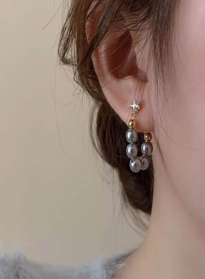 Yheakne Vintage Grey Pearl Hoop Drop Earrings Grey Pearl Dangle Earrings Tiny Rhinestone Stud Earrings Grey Pearl Bead Hoop Earrings Jewelry for Women - Image 2