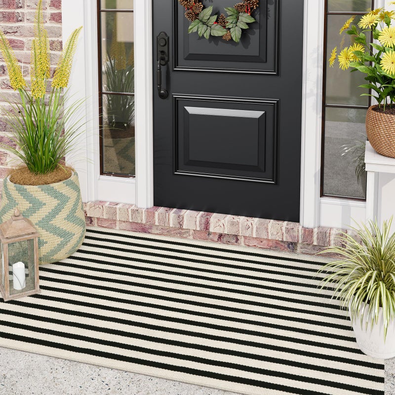 LEEVAN Black and White Front Porch Rugs Outdoor Stripe 3x5 ft HandWoven Front Door Mat Washable Cotton Reversible Entry Rugs Layered Doormats for Outside Entrance Patio Balcony Living Room Kitchen - Image 2