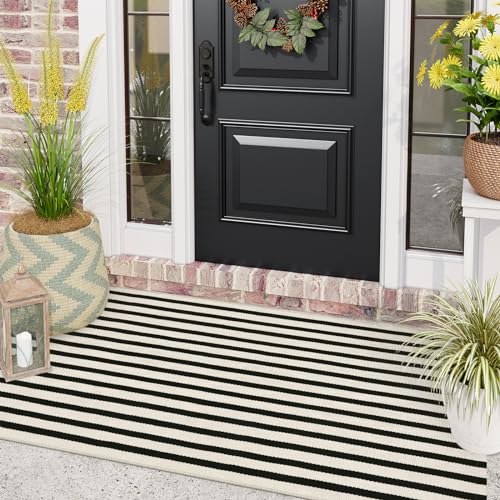LEEVAN Black and White Front Porch Rugs Outdoor Stripe 3x5 ft HandWoven Front Door Mat Washable Cotton Reversible Entry Rugs Layered Doormats for Outside Entrance Patio Balcony Living Room Kitchen - Image 1