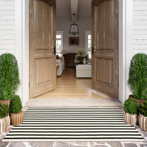LEEVAN Black and White Front Porch Rugs Outdoor Stripe 3x5 ft HandWoven Front Door Mat Washable Cotton Reversible Entry Rugs Layered Doormats for Outside Entrance Patio Balcony Living Room Kitchen - Image 3