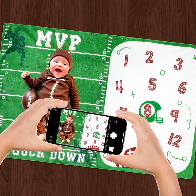 Gicoherero Football Baby Monthly Milestone Blanket Sports Month Blankets Growth Chart Nursery Swaddling Blankets Gift Ideas for Newborn Baby Shower Photography Background Prop Soft Plush - Image 2