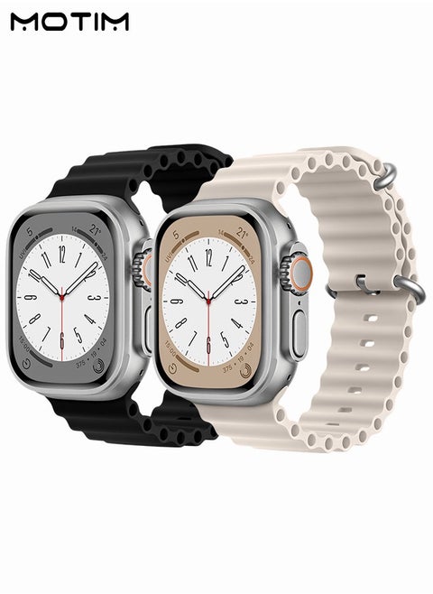 2 Pack Ocean Band for Apple Watch Band 49mm 45mm 44mm 42mm Men Women Soft Silicone Adjustable Loop with Metal Buckle Sport Strap for Apple Watch Ultra/SE/series 10/9/8/7/6/5/4/3/2/1
