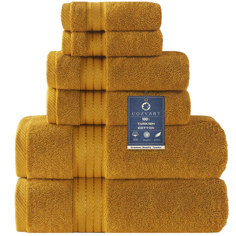 COZYART Gold Bath Towel Set 6pcs, Turkish Cotton Bathroom Towel Sets Soft Absorbent and Durable 650 GSM Luxury 6 Pcs with 2 Bath Towels, 2 Hand Towels, 2 Washcloth - Image 1