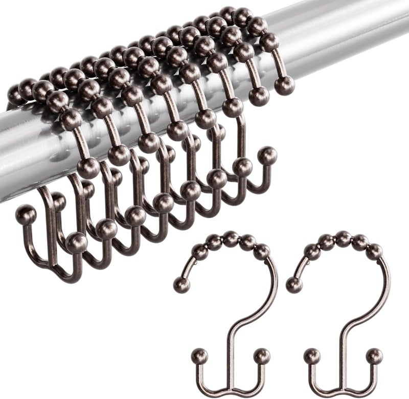 Amazer Shower Curtain Rings, Rust-Resistant Metal Double Shower Hooks for Curtain Rolling Shower Curtain Hooks Rings Shower Rings for Bathroom Shower Curtain Rod, Bronze, Set of 12 Rings - Image 1