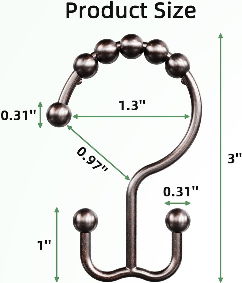 Amazer Shower Curtain Rings, Rust-Resistant Metal Double Shower Hooks for Curtain Rolling Shower Curtain Hooks Rings Shower Rings for Bathroom Shower Curtain Rod, Bronze, Set of 12 Rings - Image 2