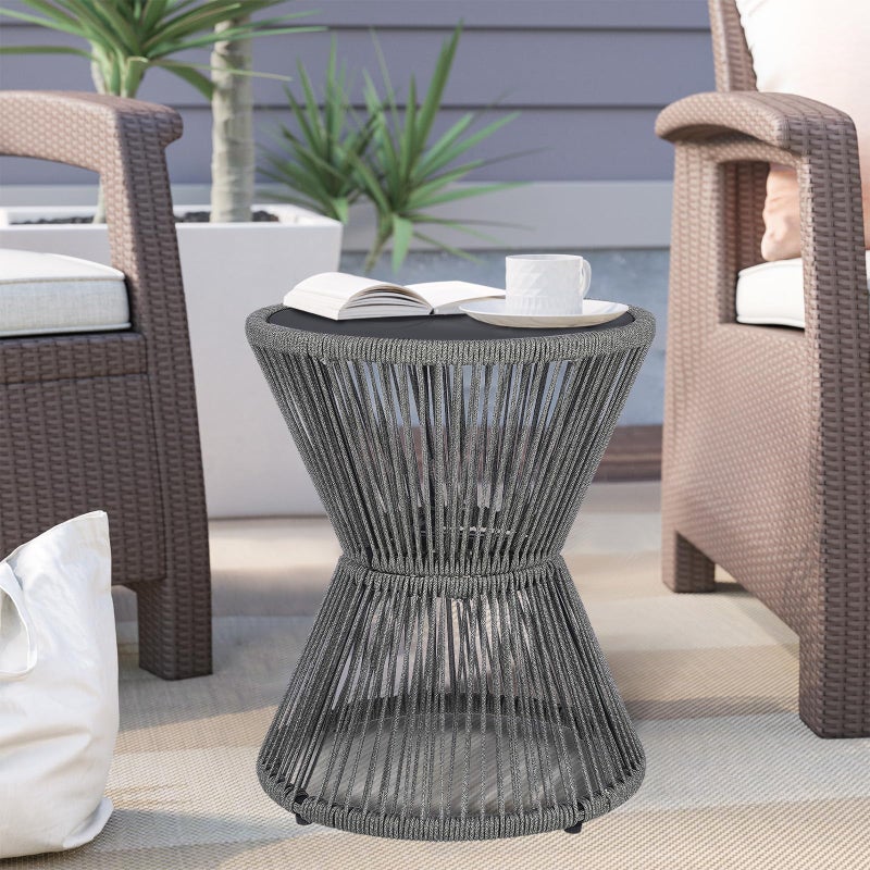 LEWIS&WAYNE Small Outdoor Side Table Patio 20â€™â€™ H Woven Rope Hourglass End Table with Glass Top Round Coffee Table for Living Room Outdoor Patio Backyard Poolside (Gray) - Image 5