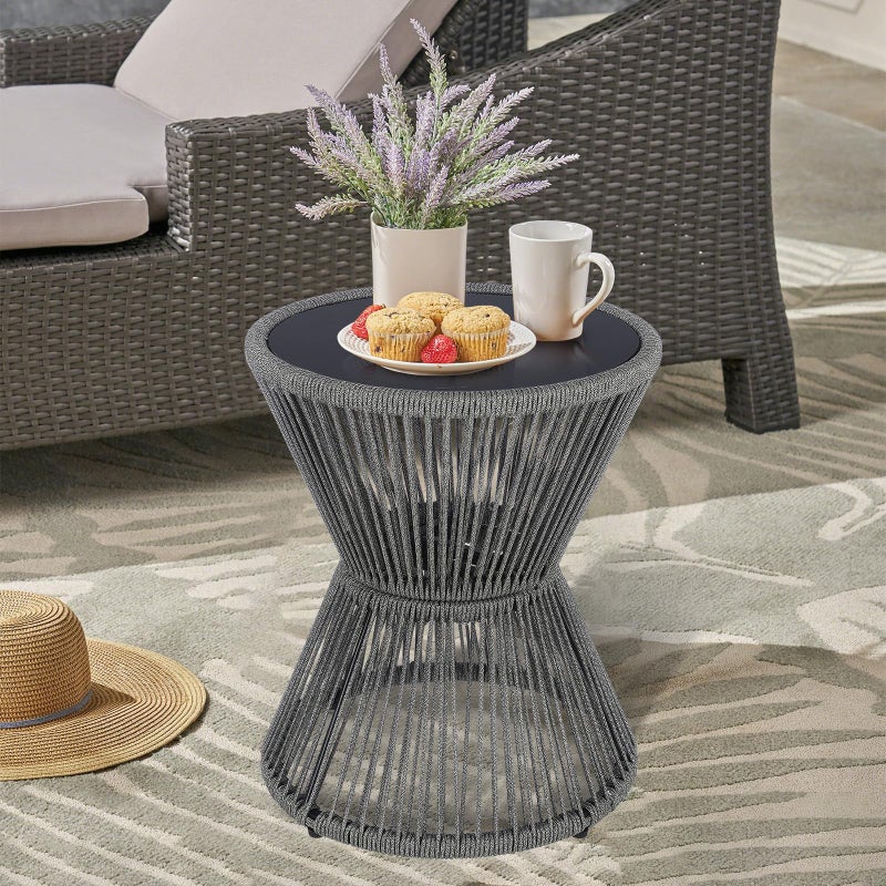 LEWIS&WAYNE Small Outdoor Side Table Patio 20â€™â€™ H Woven Rope Hourglass End Table with Glass Top Round Coffee Table for Living Room Outdoor Patio Backyard Poolside (Gray) - Image 2