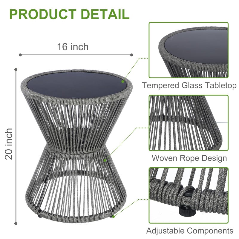 LEWIS&WAYNE Small Outdoor Side Table Patio 20â€™â€™ H Woven Rope Hourglass End Table with Glass Top Round Coffee Table for Living Room Outdoor Patio Backyard Poolside (Gray) - Image 3