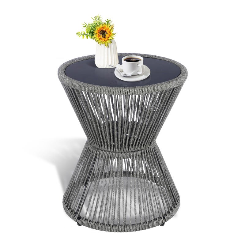 LEWIS&WAYNE Small Outdoor Side Table Patio 20â€™â€™ H Woven Rope Hourglass End Table with Glass Top Round Coffee Table for Living Room Outdoor Patio Backyard Poolside (Gray) - Image 1