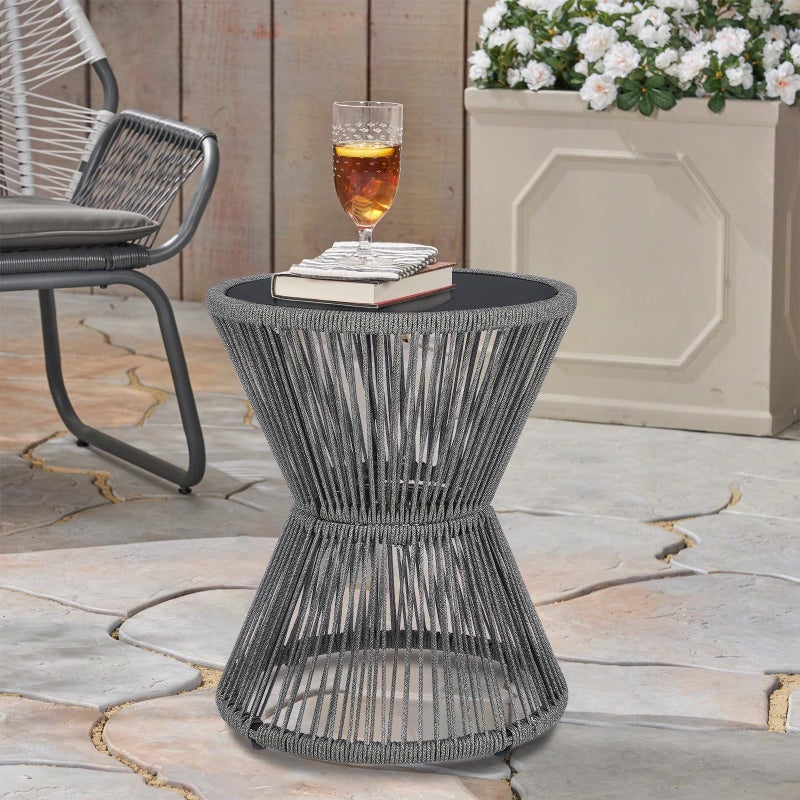 LEWIS&WAYNE Small Outdoor Side Table Patio 20â€™â€™ H Woven Rope Hourglass End Table with Glass Top Round Coffee Table for Living Room Outdoor Patio Backyard Poolside (Gray) - Image 4