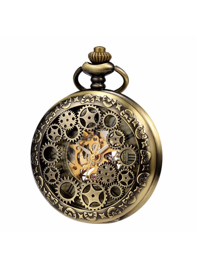TREEWETO Mens Womens Mechanical Skeleton Pocket Watch Bronze Gear Hollow Case Steampunk Fob Watches with Chain Box - Image 1