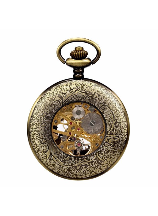 TREEWETO Mens Womens Mechanical Skeleton Pocket Watch Bronze Gear Hollow Case Steampunk Fob Watches with Chain Box - Image 4