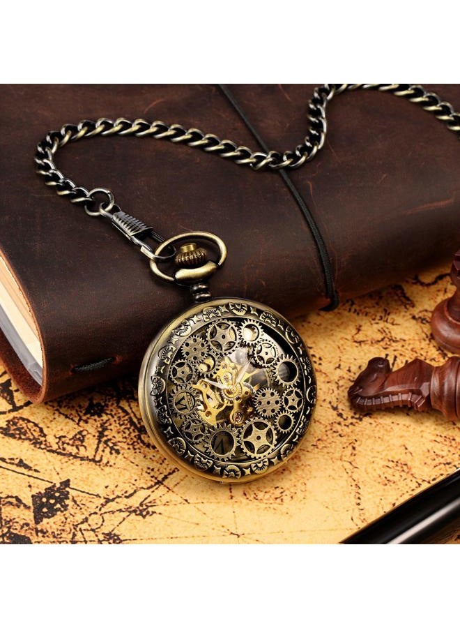 TREEWETO Mens Womens Mechanical Skeleton Pocket Watch Bronze Gear Hollow Case Steampunk Fob Watches with Chain Box - Image 5