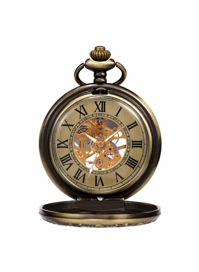TREEWETO Mens Womens Mechanical Skeleton Pocket Watch Bronze Gear Hollow Case Steampunk Fob Watches with Chain Box - Image 2