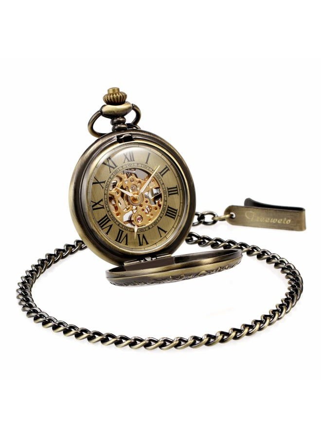 TREEWETO Mens Womens Mechanical Skeleton Pocket Watch Bronze Gear Hollow Case Steampunk Fob Watches with Chain Box - Image 3