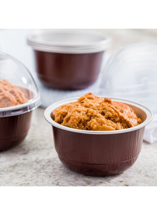 Restaurantware 5 Ounce Baking Cups with Lids, 100 Round Foil Baking Cups & Lids Perfect for Fancy Desserts, Appetizers, or Mini Snacks - Coffee Brown Cup with Clear Lid - Oven & Freezer Safe - Image 3