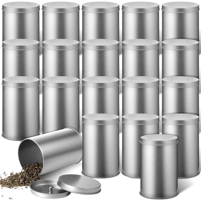 Irenare 20 Pack Tea Canisters for Loose Tea Tin Canister with Airtight Double Lids 16 oz Metal Coffee Cans Empty Small Round Kitchen Container for Sugar Candy Herbs Spices Food ContainerSilver