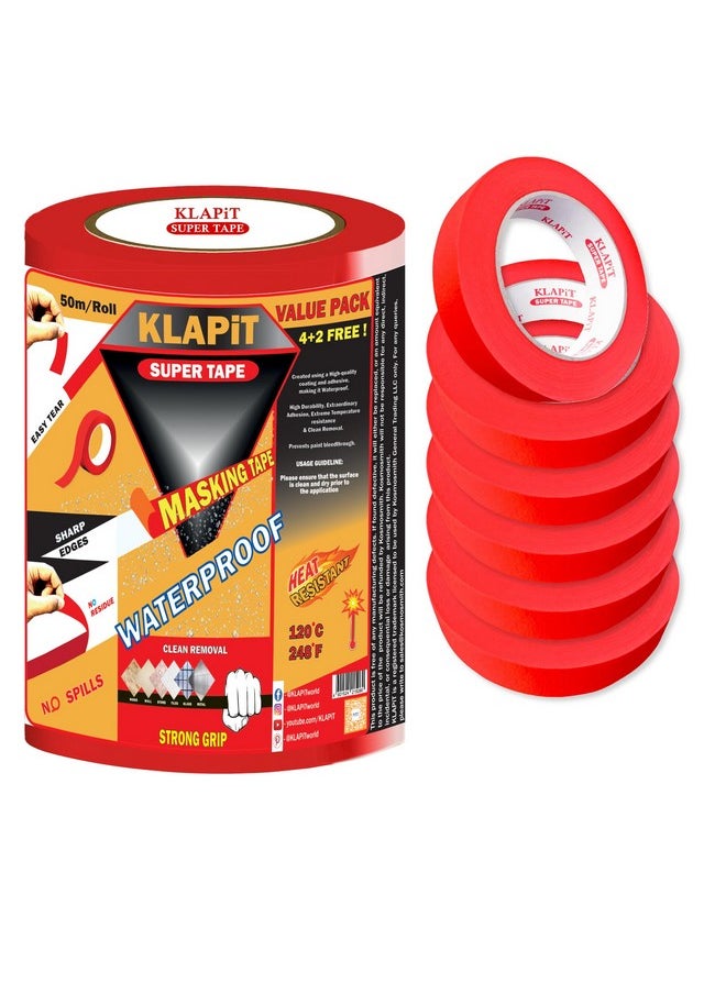 KLAPiT KLAPiT WATERPROOF: High Precision Masking Tape, Industrial Painter’s Tape, 24mm x 50m - Perfect for Automotive Refinish, Home, Arts, Crafts, DIY Projects & More! [Red, 6 Rolls]  - Image 1