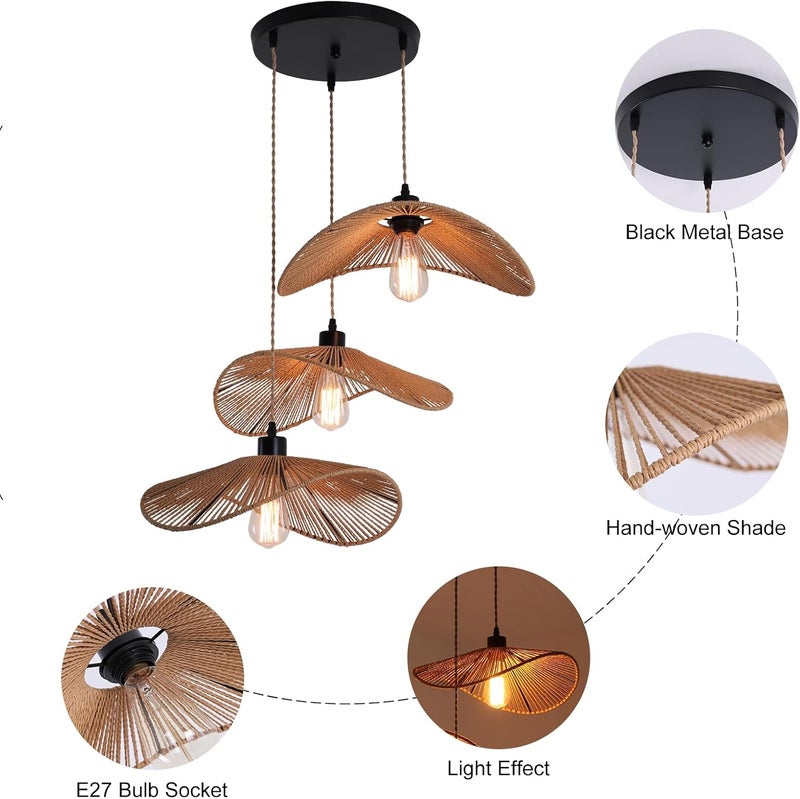 Garwarm Rattan Pendant Light Boho Hanging Light, 3-Lights Handmade Pendant Light Fixture Adjustable Farmhouse 3 Shade Chandelier for Living Room Dining Room Kitchen Bar coffee Foyer Hallway 41cm - Image 2