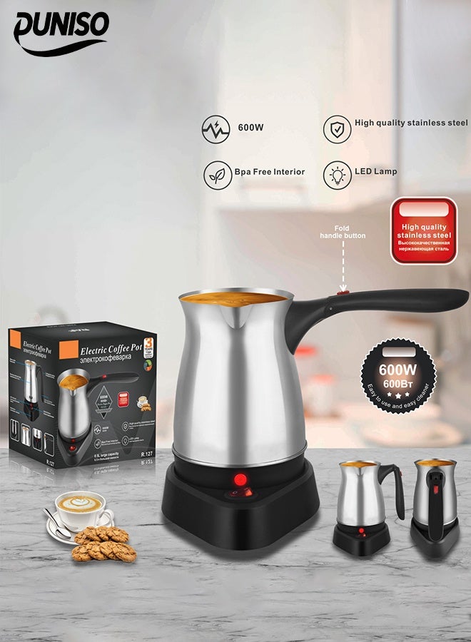 DUNISO إبريق قهوة تركي بمقبض قابل للطي، صانع قهوة كهربائي من الفولاذ المقاوم للصدأ، غلاية قهوة محمولة، متينة، لتسخين القهوة والشاي والحليب، 500 مل - Image 1