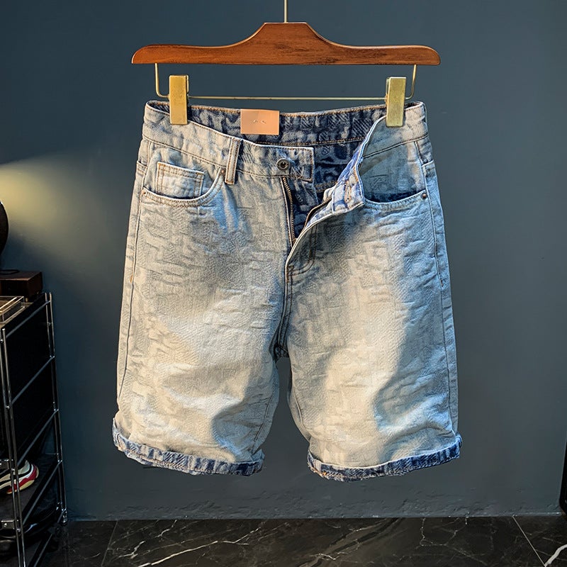 Summer Denim Shorts Mens Thin Texture Sense Weaving Print Five-point Casual Pants 100 Light Color Straight Medium Pants Mens Blue 