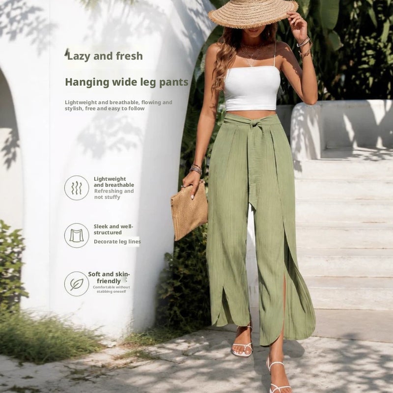 Women's Casual Drawstring Asymmetric Split Hem Joggers Yellow Green - Image 1