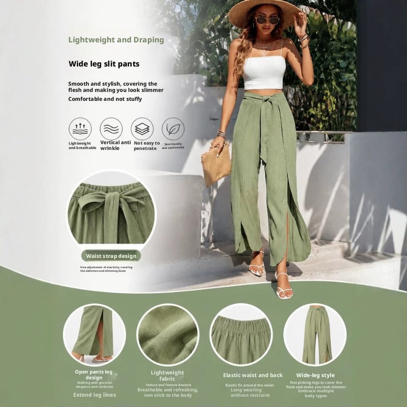 Women's Casual Drawstring Asymmetric Split Hem Joggers Yellow Green - Image 2